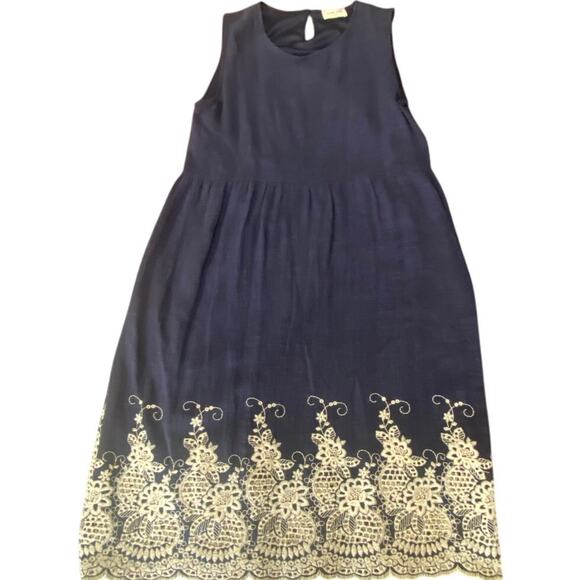 Orange Creek Dresses & Skirts - Orange Creek Navy Blue Sleeveless Dress L Embroidered Lace Hem 100% Cotton USA
